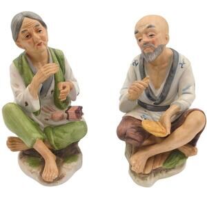 Vintage Asian Ceramic Figurines Old Man & Woman Farmer Pair Hand Painted